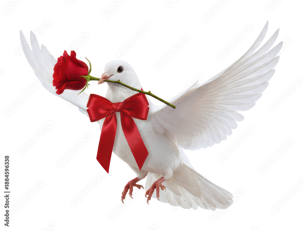 Obraz premium White Dove Flying With Red Rose and ribbon bow representing peace love romance freedom hope spirit faith holy symbol for wedding valentine celebration or religious holiday concept.