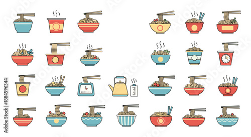 Extensive set of twenty-four illustrated noodle bowls and instant ramen cups with various toppings chopsticks and steam for food concepts.