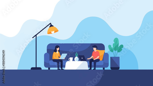 Two people work on laptops on a sofa, with a lamp and plant nearby