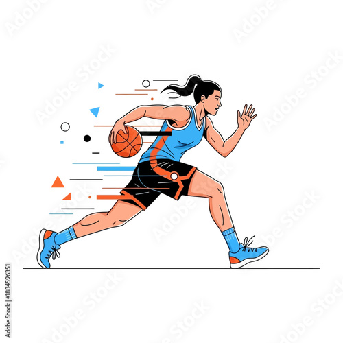 Female Basketball Player Running with Ball, Dynamic Action Illustration