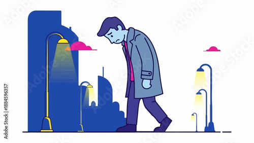 Sad man walks alone at night in a city under streetlights