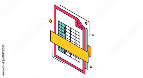 Isometric illustration of a spreadsheet or data table on a piece of paper with colorful geometric accents and design elements.