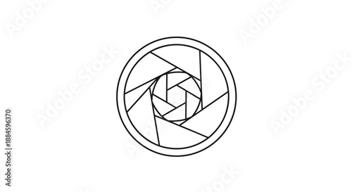 Minimalist black and white icon representing a camera lens aperture or shutter diaphragm used in photography and optics.