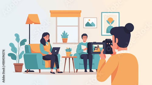 People filming a vlog with a camera in a cozy living room setting