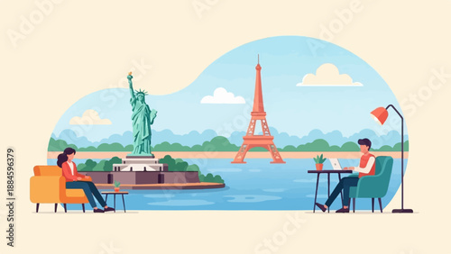 Two people relax near iconic landmarks, one working on a laptop