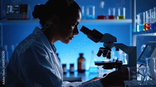Ocean Acidification Research concept. Scientist examining samples under a microscope in a laboratory setting.