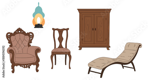 Set of antique furniture including an ornate armchair, a wooden chair, a large wardrobe, a chaise longue, and a vintage lamp.