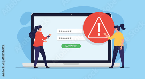 Two women working on a laptop computer facing a giant red warning sign indicating a security alert or system error in flat style.