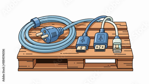 Wooden pallet with various electronic cables and connectors