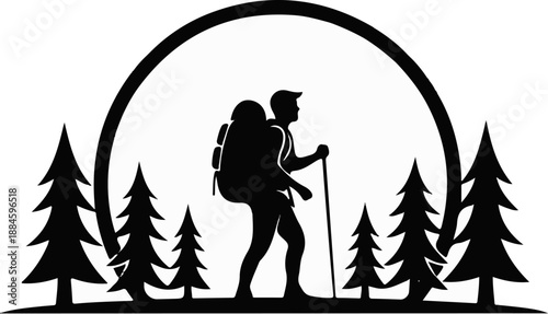 Silhouette of a hiker with a large backpack and trekking poles in a forest setting