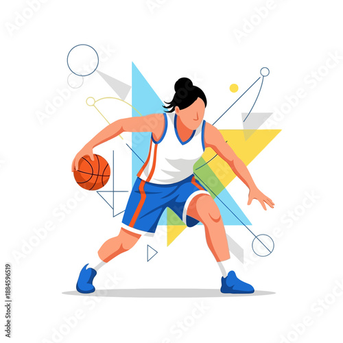 Female basketball player dribbling ball, dynamic action, geometric abstract background illustration