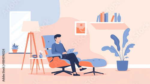 Person sitting in armchair with laptop and potted plants in room