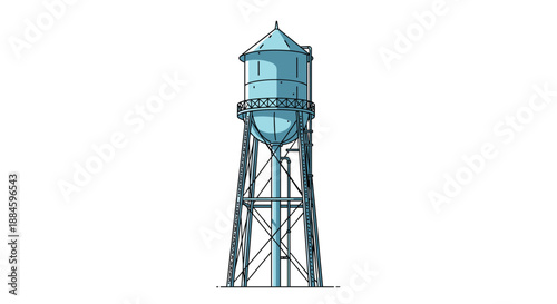 Tall metal water tower structure with a large blue tank and supporting legs against a plain white background for utility.