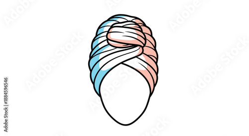 Artistic illustration of a head wearing a large colorful turban or head wrap with blue and peach shades in a stylized look.