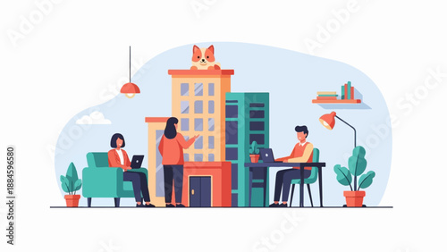 People working in office with a corgi on building