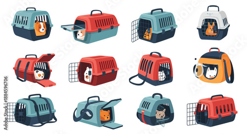 Diverse collection of pet carrier bags and boxes with cute cats and dogs inside is shown for travel and animal care themes.