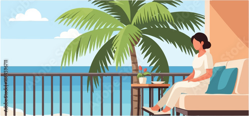 Woman relaxes on a balcony overlooking the ocean with a palm tree