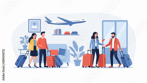 Passengers with luggage near airplane and lounge area for travel