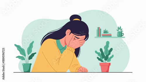 Sad woman crying and hiding face, surrounded by plants