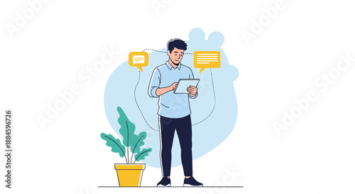 Young man using a digital tablet for communication or work is surrounded by speech bubbles representing online social interaction.