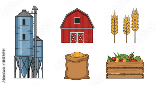 Collection of farm-related items including a silo, barn, wheat stalks, grain sack, and a vegetable crate depicts agricultural life.