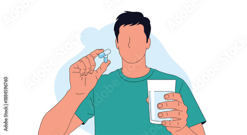 Man holding a glass of water and a medicinal capsule is shown in a moment of self-care and medical treatment for health wellness.