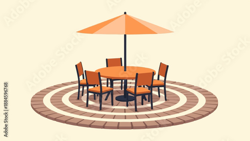 Outdoor dining set with orange umbrella and chairs on a brick patio