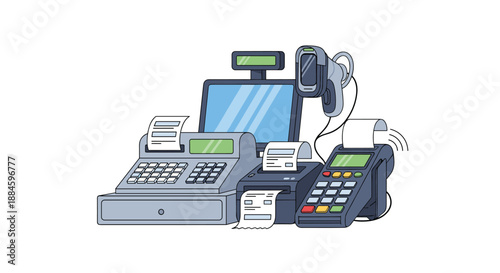 Modern point of sale system with a cash register, receipt printer, barcode scanner, and payment terminal is shown for retail business.