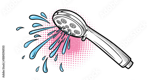 Modern shower head spraying water droplets in a retro pop art style with pink dotted background for bathroom hygiene.