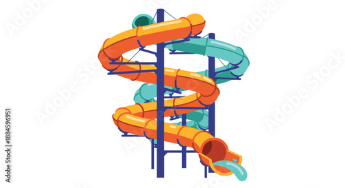Large colorful spiral water slide for aqua park fun and summer recreation activities isolated on a clean white background.