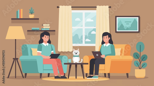 Two women with laptops and a dog in a cozy living room