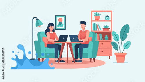 Two people work on laptops next to a flood in a living room