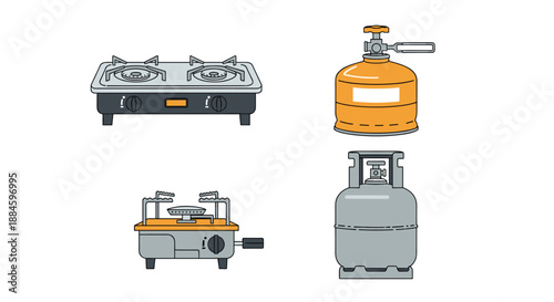 Collection of kitchen gas stoves and portable gas cylinders of different sizes and colors for cooking and outdoor camping use.