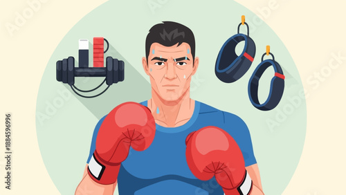 Sweaty boxer with red gloves, weights, and suspension trainers