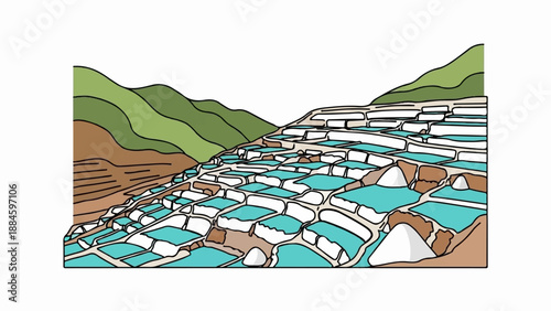 Terraced salt pans gleam with turquoise water under green hills