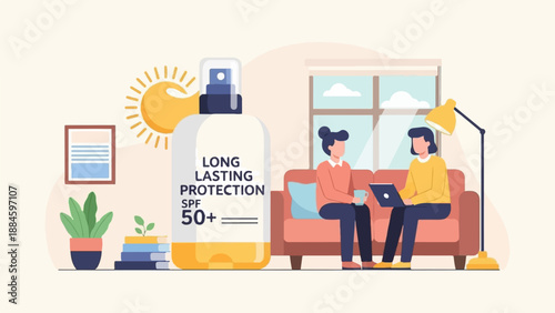 Sun protection bottle beside people relaxing on sofa indoors