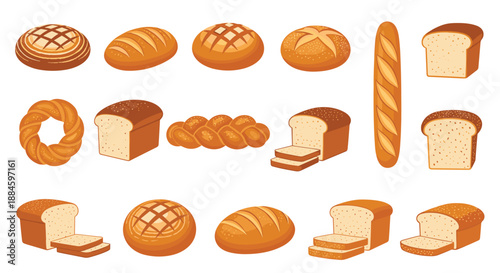 Assorted collection of various bread types including loaves, baguettes, buns, and sliced pieces for bakery and food graphics.
