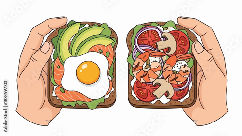 Two hands hold open-faced sandwiches one with salmon, avocado, and egg, the other with shrimp, tomato, and mushrooms