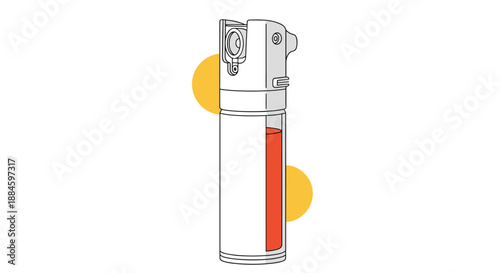 Personal self-defense pepper spray canister shown in a detailed line art illustration with red liquid contents visible through its transparent body.