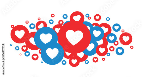 Cluster of numerous red and blue social media notification bubbles containing white hearts, representing high online engagement and popularity.