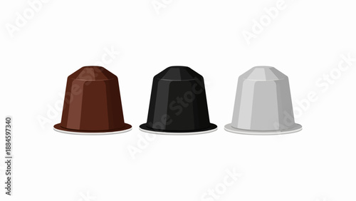 Three coffee capsules in brown, black, and silver colors