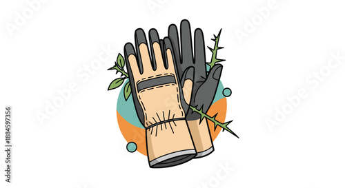 Pair of heavy-duty gardening gloves resting amongst thorny green vines and leaves, demonstrating protective equipment for outdoor manual work.