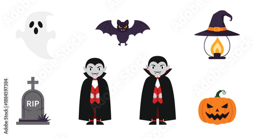 Halloween clip art set featuring various characters and objects like vampires, a ghost, a bat, a witch hat, a tombstone, a lantern, and a carved pumpkin.