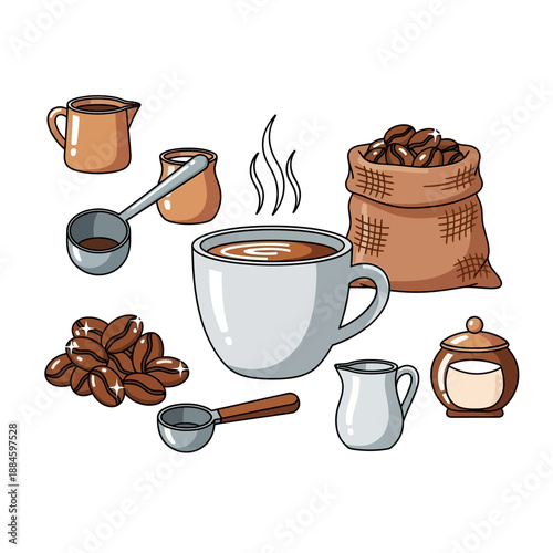 Coffee Making Elements: Cup, Beans, Jugs, and Sacks Illustration