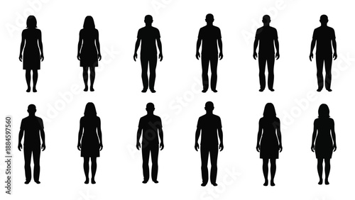 Silhouettes of various human figures isolated on white background, Vector