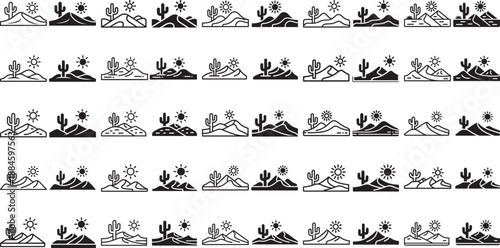 Desert landscape icons with mountains cacti and suns on white background