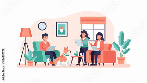 People in living room with dog, lamp, plants, clock, window, and picture