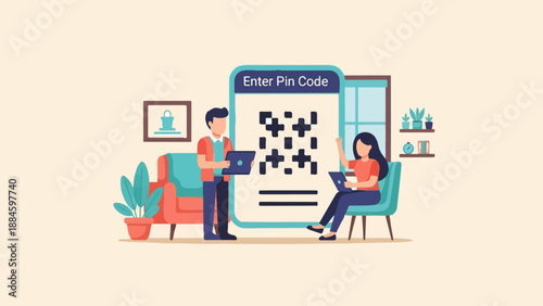 Two people interacting with a large digital screen displaying a QR code