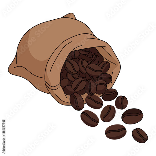 Brown burlap sack spilling roasted coffee beans, illustration, isolated on white