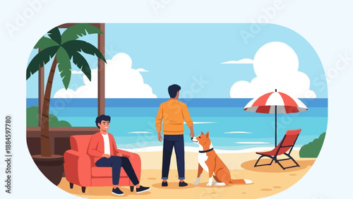 Two men and dog relax at beach resort by the ocean